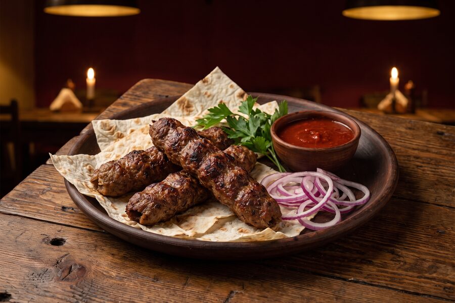 Lüle Kebab auf Lavash mit Zwiebeln und Satsebeli